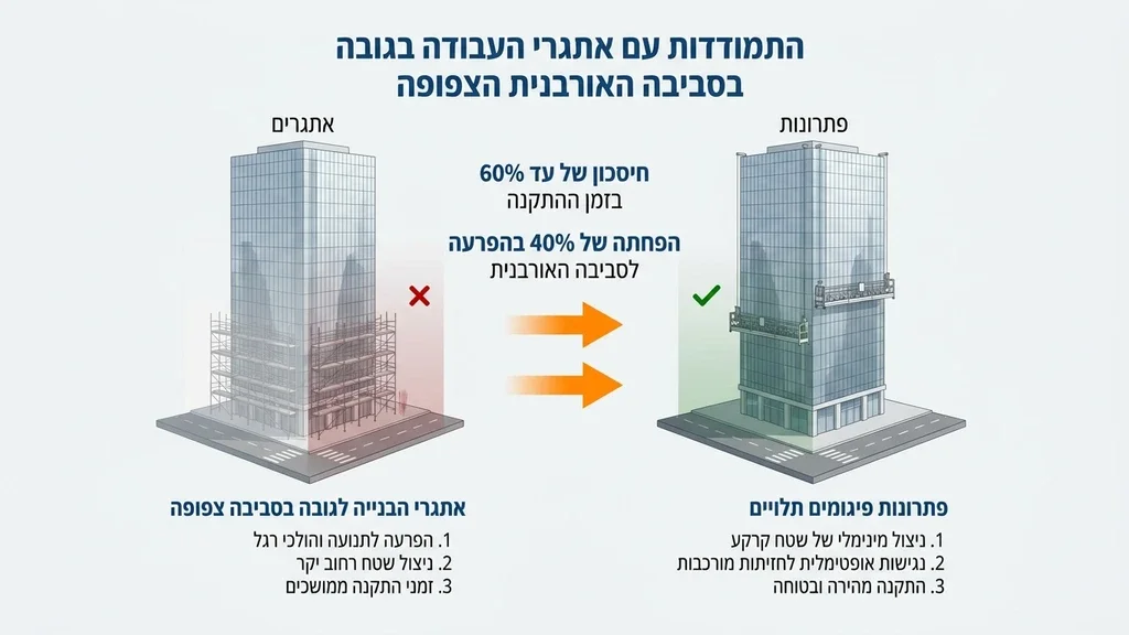 נוצר על ידי מודל בינה מלאכותית Gemini Pro עבודה בגובה על מגדלים בסביבה אורבנית צפופה בתל אביב