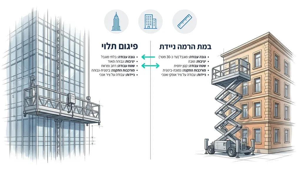 נוצר על ידי מודל בינה מלאכותית Gemini Pro השוואה ויזואלית בין פיגום תלוי לבמת הרמה באתר בנייה