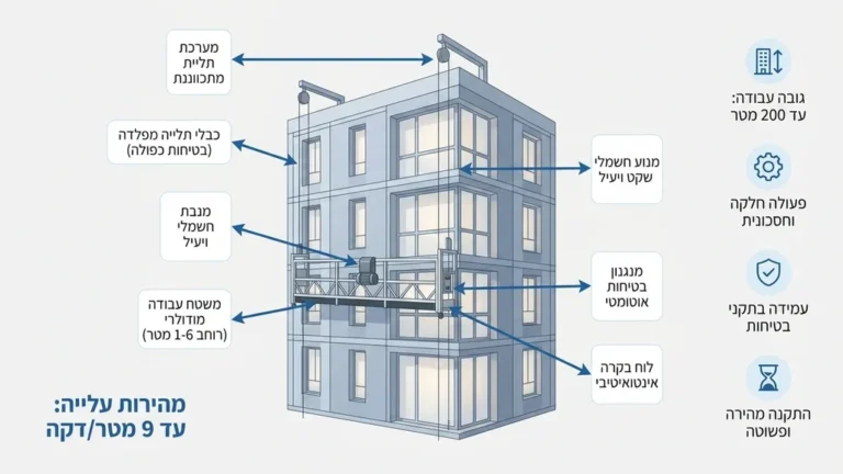 מערכת פיגומים תלויים על מגדל מגורים מודרני בבנייה