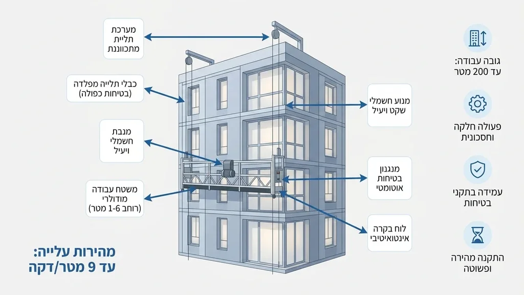 נוצר על ידי מודל בינה מלאכותית Gemini Pro מערכת פיגומים תלויים על מגדל מגורים מודרני בבנייה