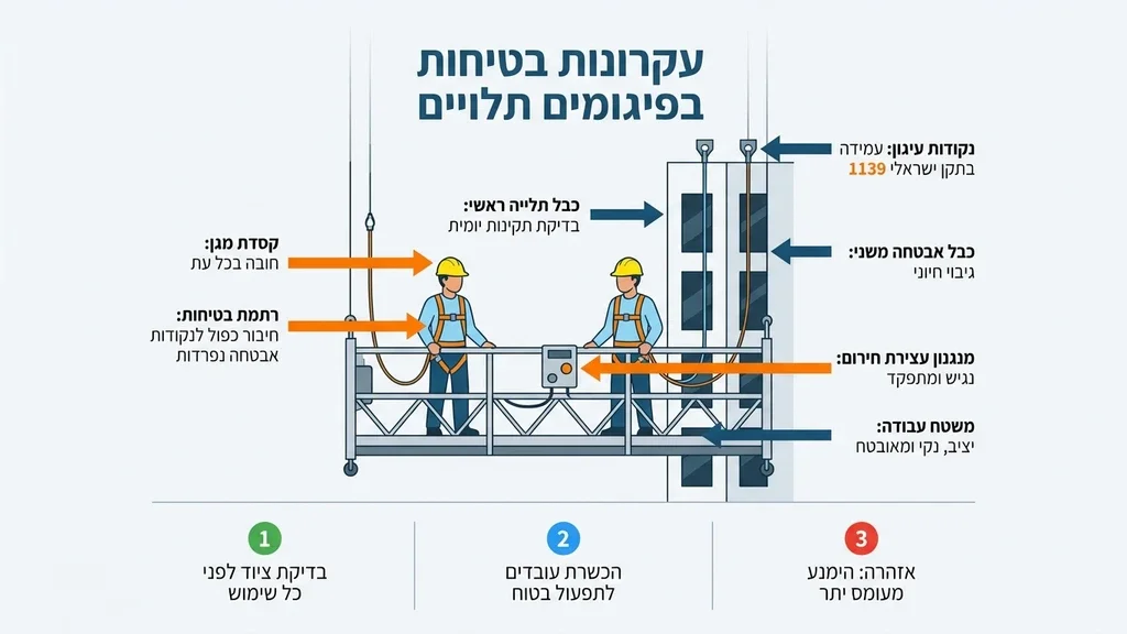 נוצר על ידי מודל בינה מלאכותית Gemini Pro פועלי בניין עם ציוד מגן עובדים בבטחה על פלטפורמה תלויה