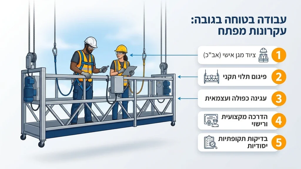 נוצר על ידי מודל בינה מלאכותית Gemini Pro פועלים עובדים בבטחה על פיגום תלוי מאובטח