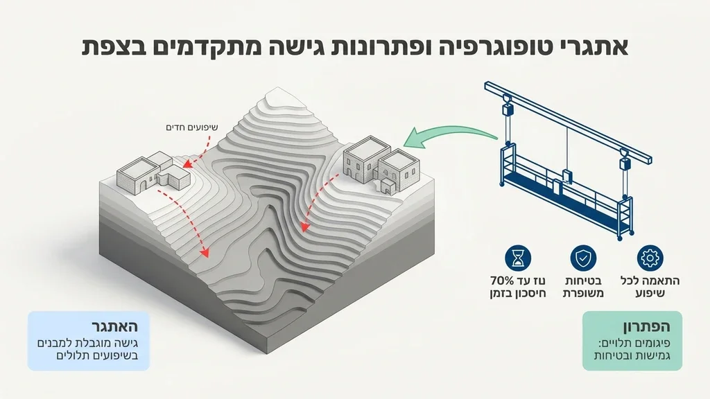 נוצר על ידי מודל בינה מלאכותית Gemini Pro מערכת פיגומים תלויים על מבנה אבן בצפת