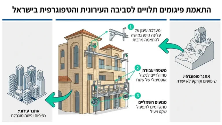מערכת פיגומים איכותית מותקנת על חזית מבנה באתר בנייה בבנימינה