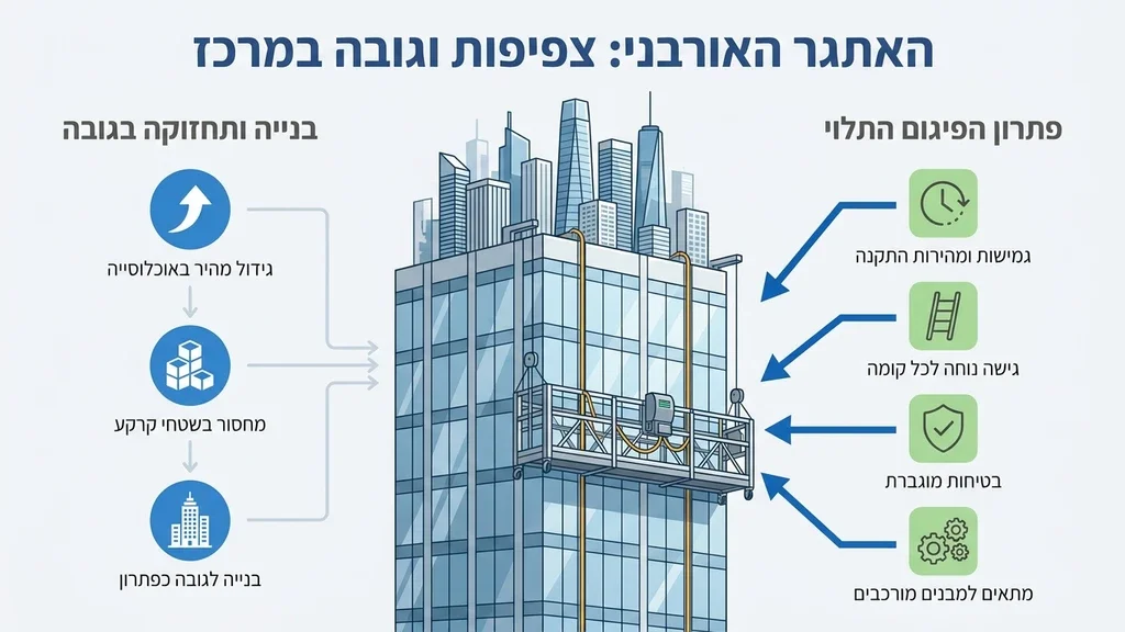 נוצר על ידי מודל בינה מלאכותית Gemini Pro פיגום תלוי מותקן על גורד שחקים באזור המרכז