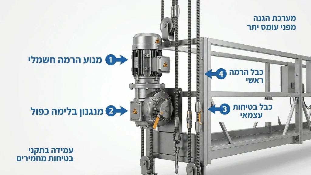 נוצר על ידי מודל בינה מלאכותית Gemini Pro מערכת מנועים וכבלי פלדה של פיגום תלוי מקצועי