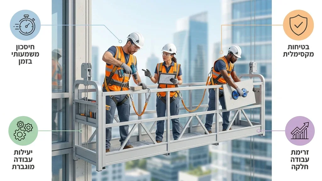 נוצר על ידי מודל בינה מלאכותית Gemini Pro עובדים מיומנים מבצעים עבודות חיפוי על פיגום תלוי