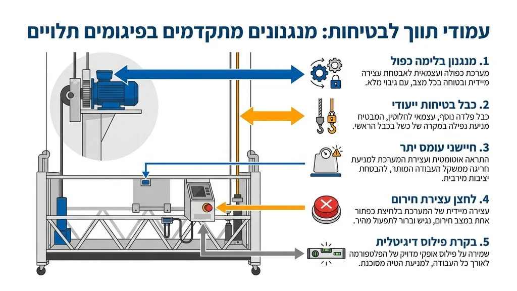נוצר על ידי מודל בינה מלאכותית Gemini Pro מנגנוני בטיחות וכבלי פלדה בפיגום תלוי של חברת פיגומי