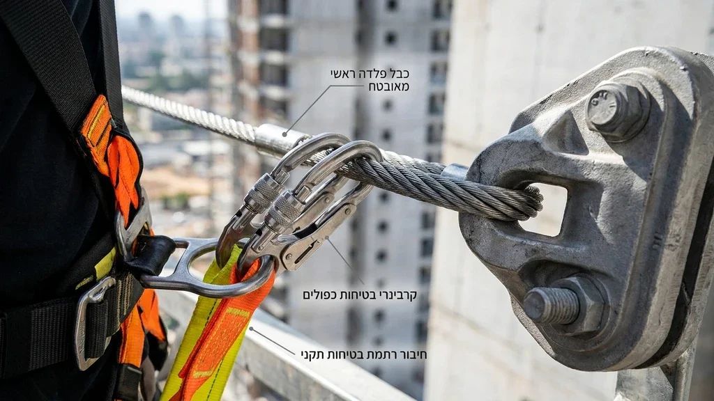 נוצר על ידי מודל בינה מלאכותית Gemini Pro ציוד בטיחות, רתמות וכבלי פלדה במערכת פיגומים של חברת פיגומי