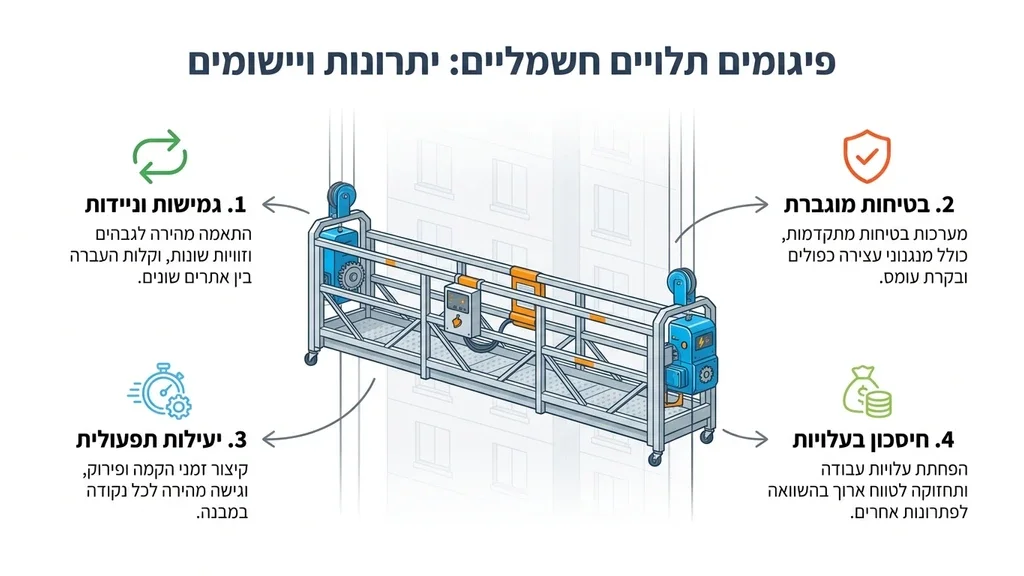 נוצר על ידי מודל בינה מלאכותית Gemini Pro פועלים עובדים בבטחה על פיגום תלוי חשמלי של חברת פיגומי