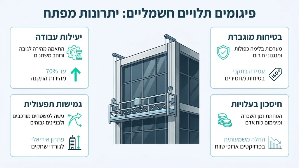 נוצר על ידי מודל בינה מלאכותית Gemini Pro פיגום חשמלי תלוי על חזית מבנה בצפון