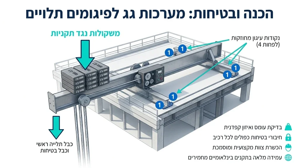 נוצר על ידי מודל בינה מלאכותית Gemini Pro התקנה בטיחותית של מערכת פיגום תלוי על גג מבנה גבוה