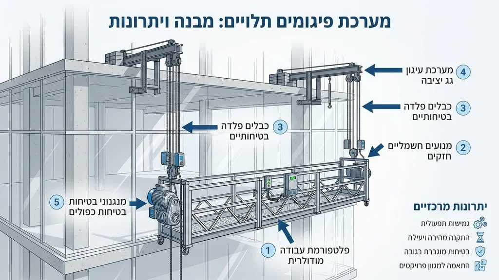 נוצר על ידי מודל בינה מלאכותית Gemini Pro מערכת פיגום תלוי ממונע המותקנת על חזית מבנה מודרני