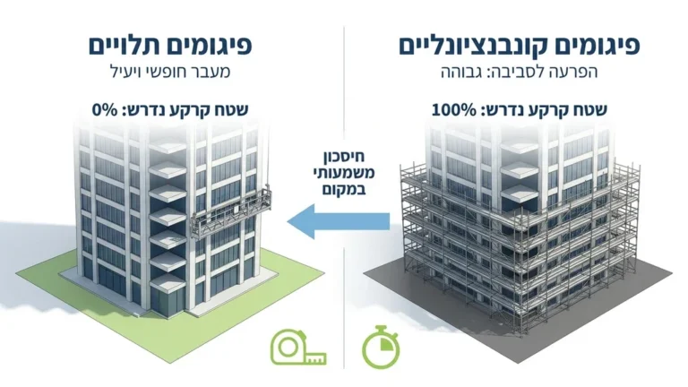 מערכת פיגום תלוי מודרנית מותקנת על חזית מגדל בבנייה, מדגימה עבודה בגובה ללא חסימת הקרקע