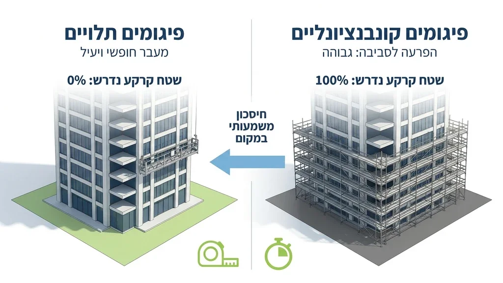 נוצר על ידי מודל בינה מלאכותית Gemini Pro מערכת פיגום תלוי מודרנית מותקנת על חזית מגדל בבנייה, מדגימה עבודה בגובה ללא חסימת הקרקע