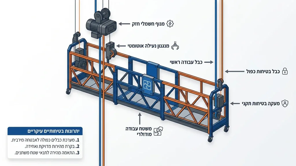 נוצר על ידי מודל בינה מלאכותית Gemini Pro תקריב של מנוע חשמלי ומערכת כבלי בטיחות בפיגום תלוי