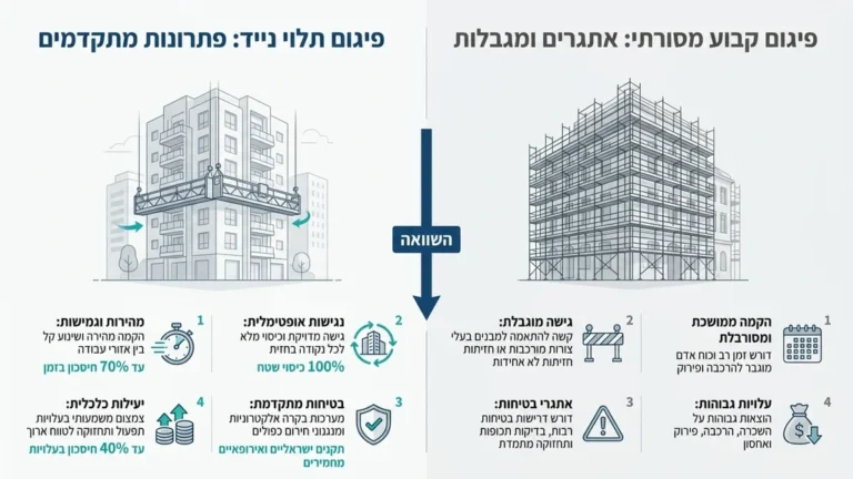פיגום תלוי מודולרי מותקן על חזית מבנה מודרני בעיר רעננה