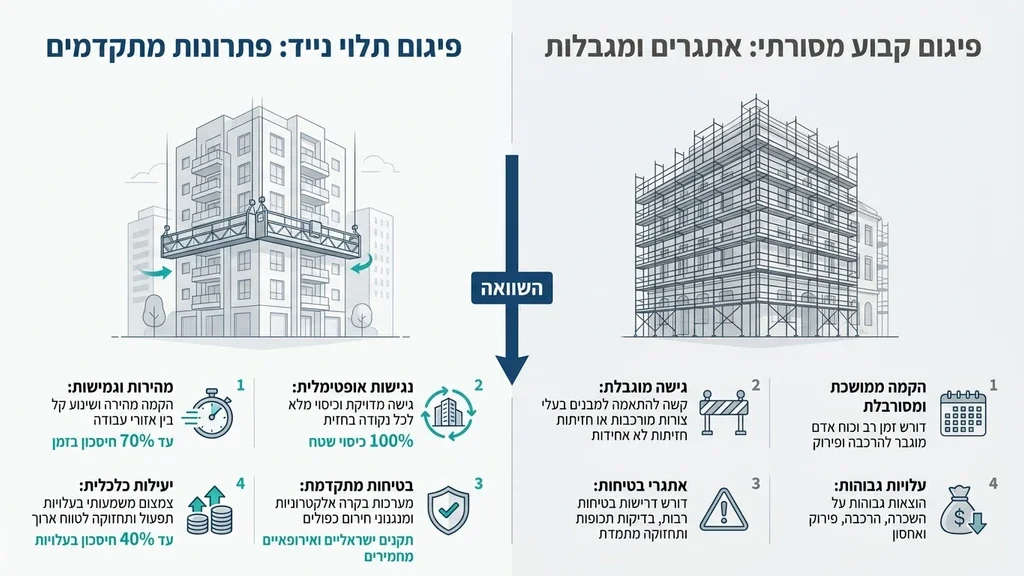 נוצר על ידי מודל בינה מלאכותית Gemini Pro פיגום תלוי מודולרי מותקן על חזית מבנה מודרני בעיר רעננה
