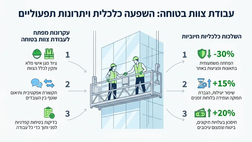 נוצר על ידי מודל בינה מלאכותית Gemini Pro צוות פועלי בניין עובדים בבטחה על פלטפורמה תלויה של חברת פיגומי