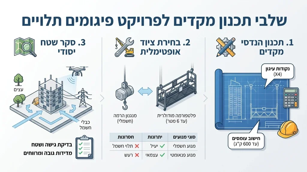 נוצר על ידי מודל בינה מלאכותית Gemini Pro שרטוטים הנדסיים של מבנה עם מערכת פיגומים וציוד תכנון מקצועי