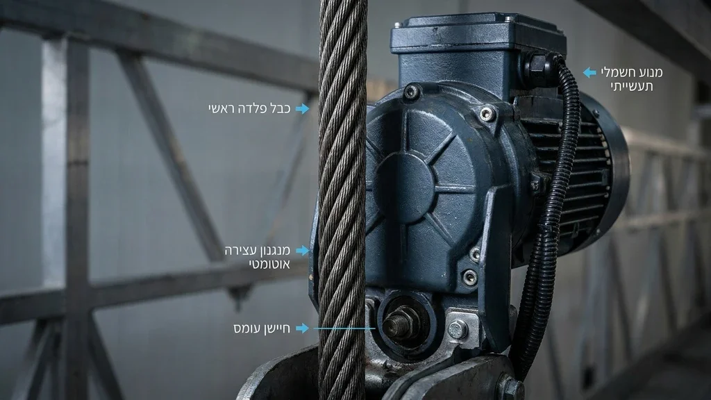 נוצר על ידי מודל בינה מלאכותית Gemini Pro תקריב של מנוע חשמלי וכבלי פלדה במערכת פיגום תלוי