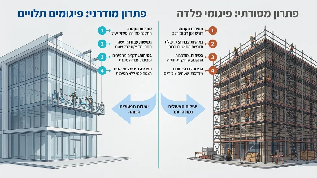 נוצר על ידי מודל בינה מלאכותית Gemini Pro השוואה בין שיטות עבודה בגובה באתרי בנייה