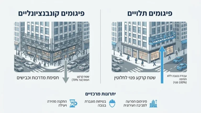 פיגומים תלויים על חזית מבנה בפרויקט בנייה ברמת גן