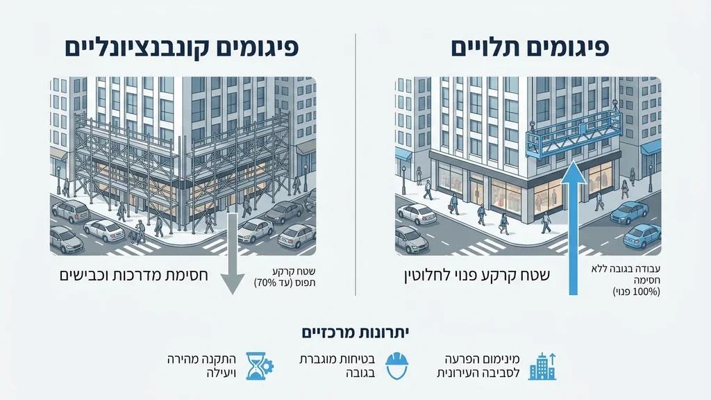 נוצר על ידי מודל בינה מלאכותית Gemini Pro פיגומים תלויים על חזית מבנה בפרויקט בנייה ברמת גן