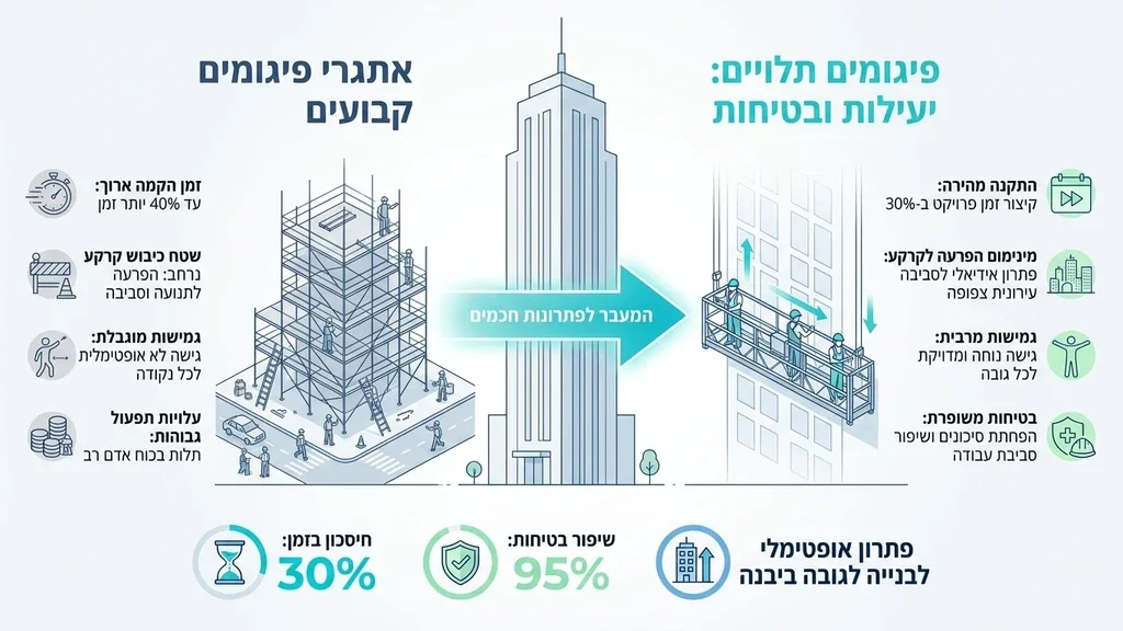 נוצר על ידי מודל בינה מלאכותית Gemini Pro אתר בנייה ופרויקט התחדשות עירונית ביבנה עם פיגומים תלויים