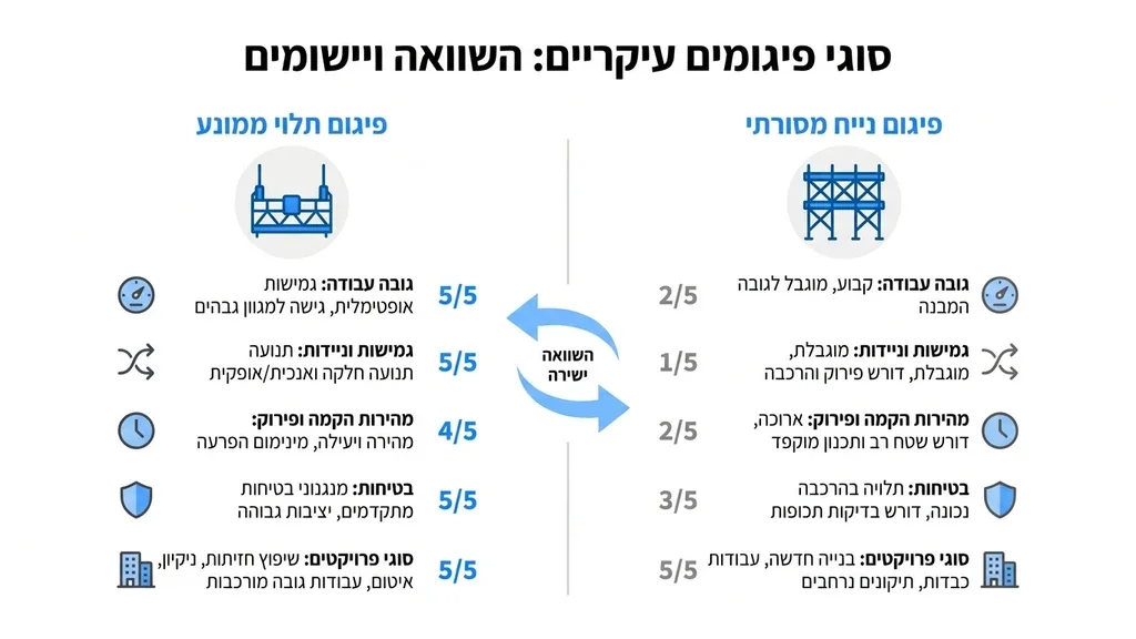 נוצר על ידי מודל בינה מלאכותית Gemini Pro השוואת סוגי פיגומים וציוד עבודה בגובה באתרי בנייה