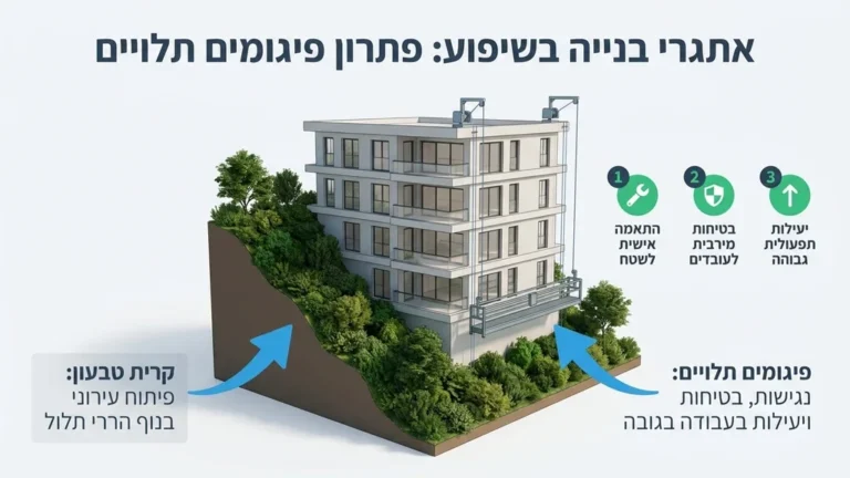 פיגום תלוי מותקן על מבנה באזור בעל טופוגרפיה משופעת