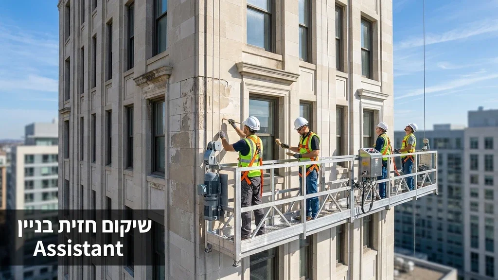 נוצר על ידי מודל בינה מלאכותית Gemini Pro עובדים מבצעים חידוש חזיתות באמצעות פיגום תלוי