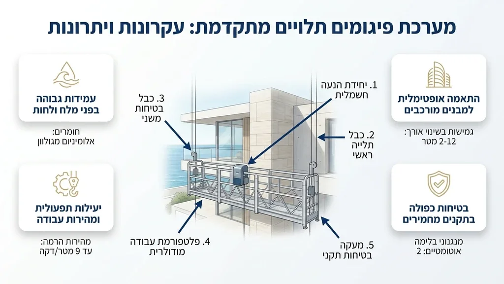 נוצר על ידי מודל בינה מלאכותית Gemini Pro פיגום תלוי חשמלי מותקן על חזית מבנה יוקרה בקרבת הים